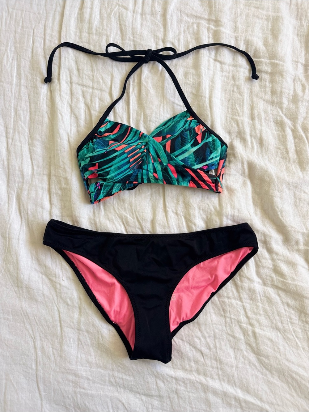 PINK Victoria's Secret Tropical Leaf Print Bikini Top with Black & Pink Bottoms